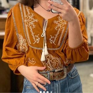 Piccadilly burned orange embroidered split neckline elastic waist Boho‎ top Sz L